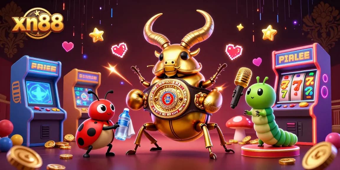 Engage with xn88's vibrant slots scene showing a golden stag beetle boxing with casino elements.
