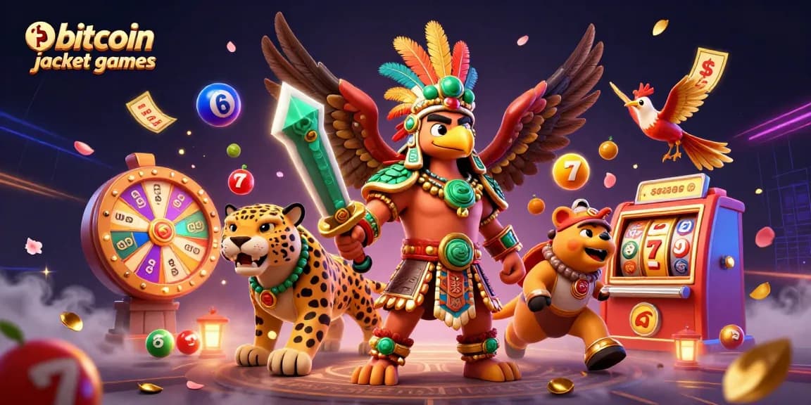 Experience the thrill of bitcoin jackpot games with Aztec warriors in a vibrant 3D casino illustration.