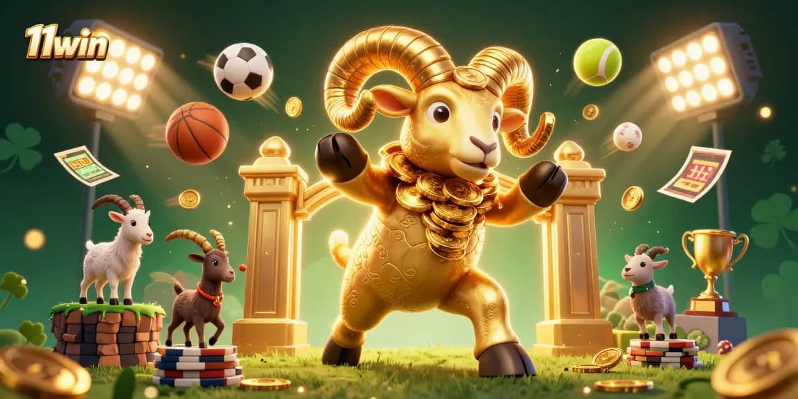 11win features a golden ram charging through a vibrant casino scene filled with sports elements.