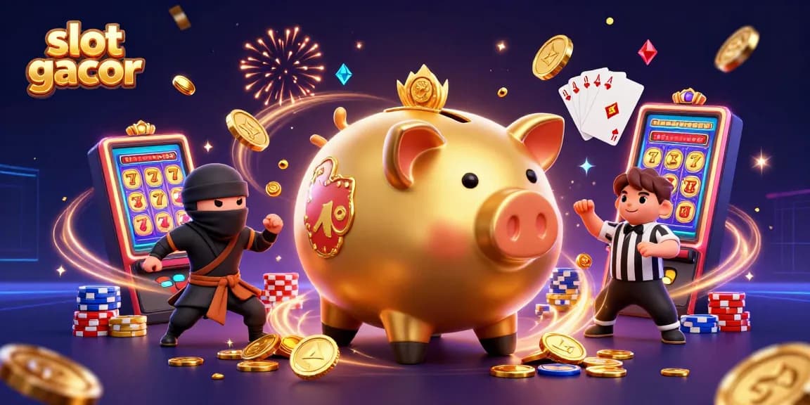 Engage with slot gacor strategies through an explosive casino illustration featuring dynamic characters and vibrant game elements.