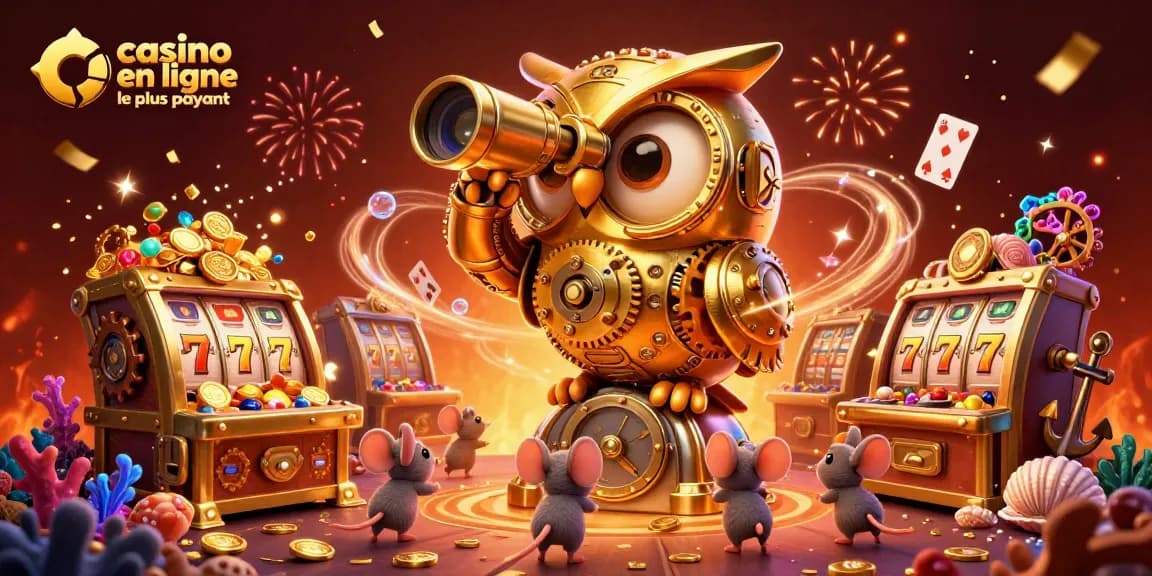 Évaluez les gains au casino en ligne le plus payant avec un hibou doré scrutant les machines à sous.