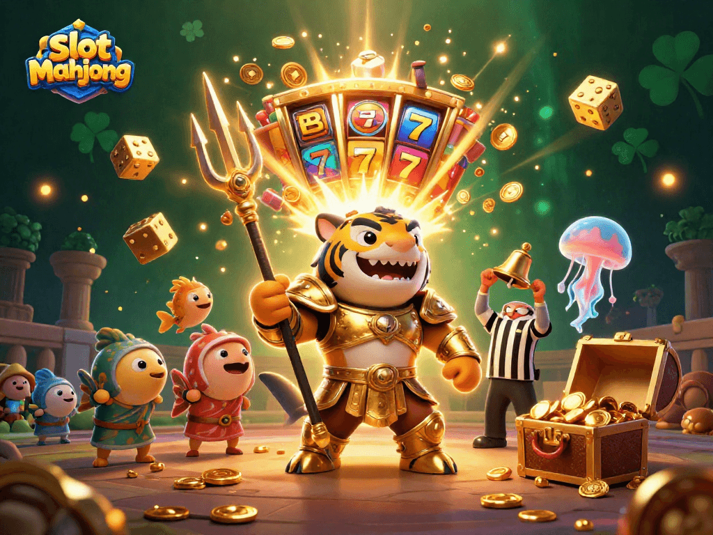 Win big with slot mahjong as vibrant elements burst in this exciting casino-themed scene.