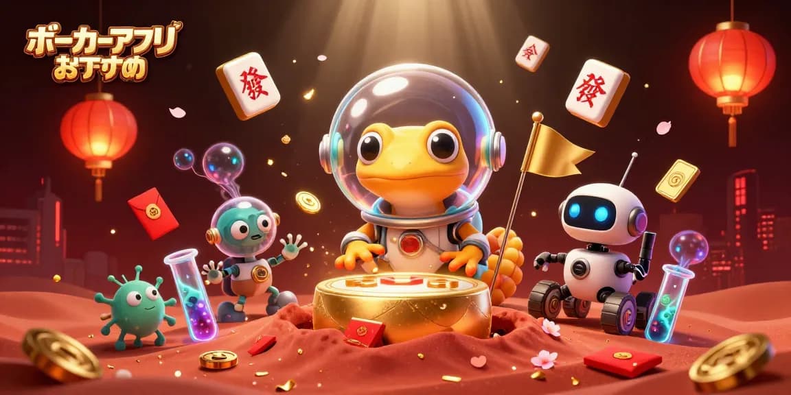 ポーカーアプリ おすすめの特徴を持つカラフルな3Dイラスト。オンラインカジノの魅力を描いています。