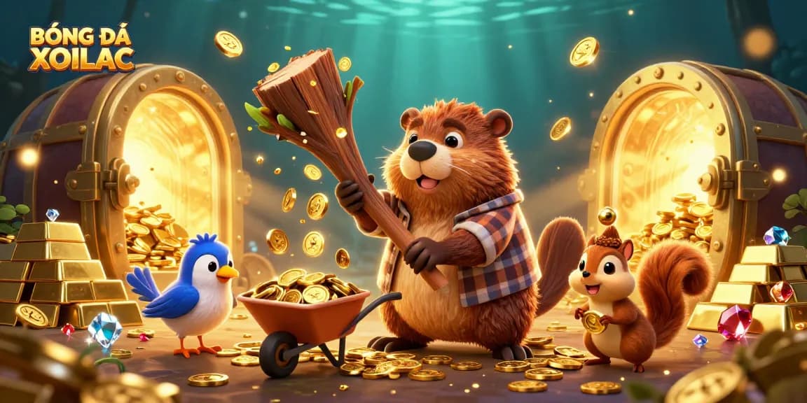 BÓNG ĐÁ XOILAC features a cartoon scene with a beaver collecting gold coins while engaging in thrilling sports betting activities.
