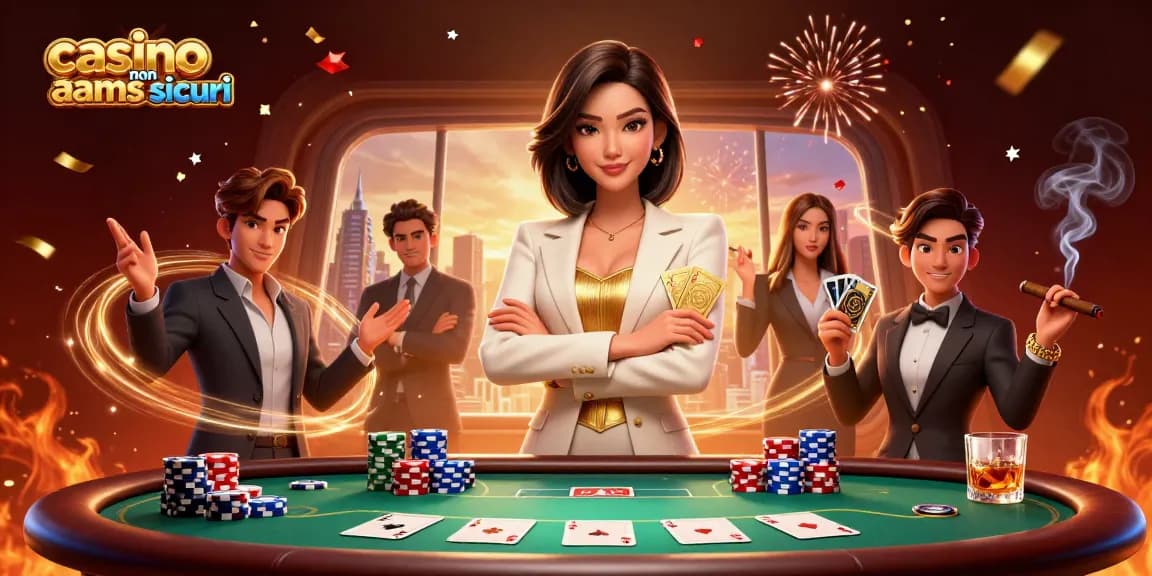 Vivi l'emozione nei casino non aams sicuri con una scena di poker glamour che presenta una potente donna in carriera.