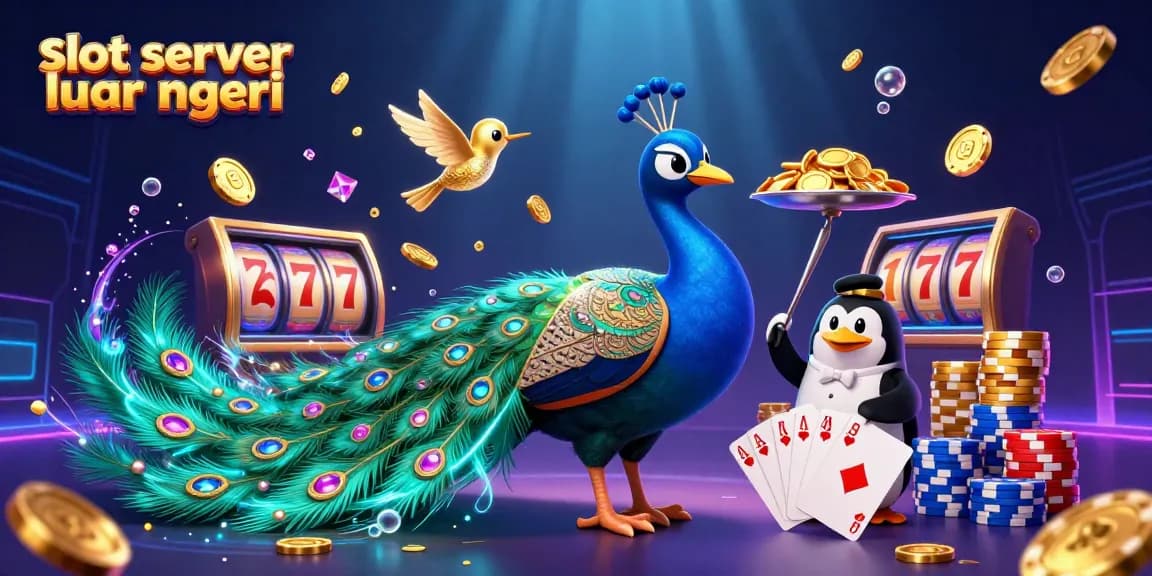 Engage in fun with slot server luar negeri featuring 3D casino characters, coins, and slot machine reels.