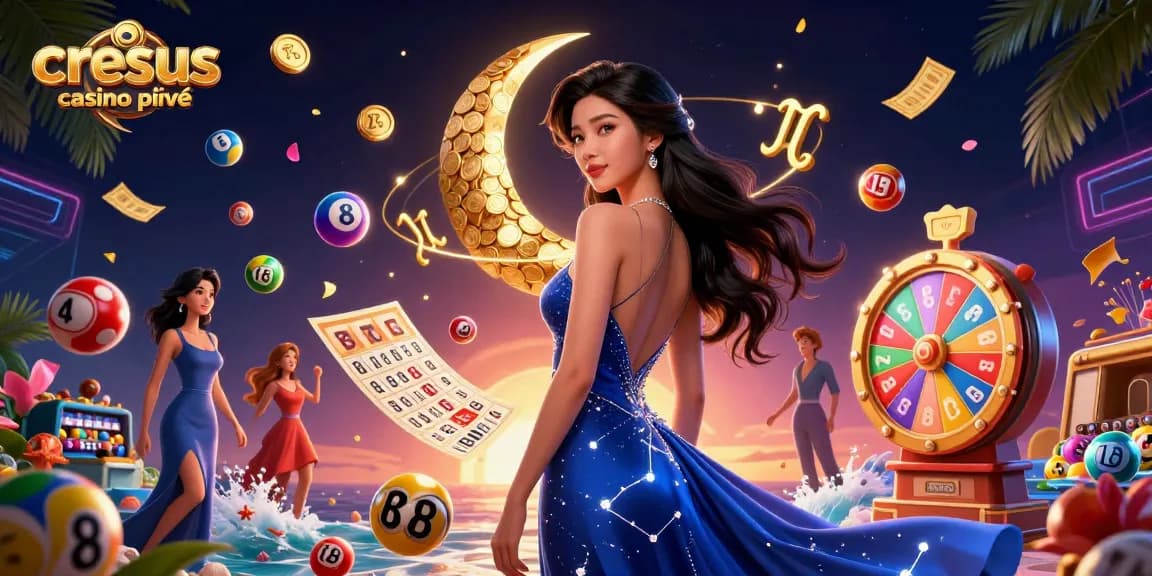 Le casino Cresus privé présente une excitation de jeu dynamique avec des éléments vibrants tels que des boules de loterie et des cartes de bingo.