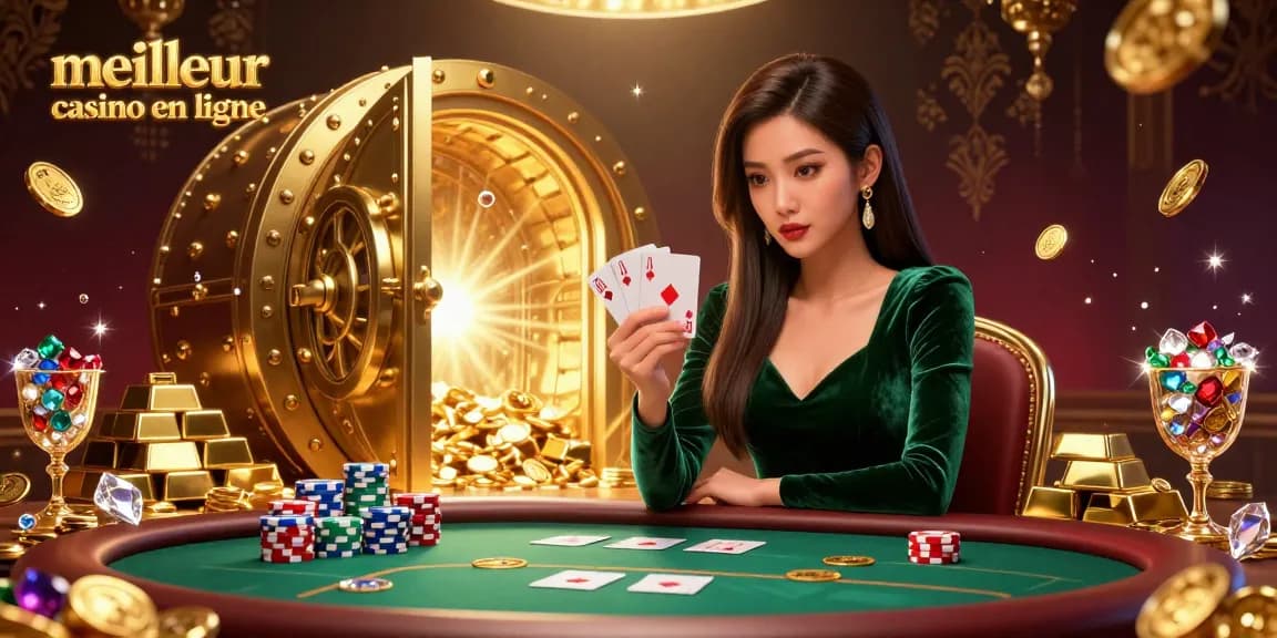 Experience the thrill of meilleur casino en ligne as a woman plays poker, surrounded by treasures.