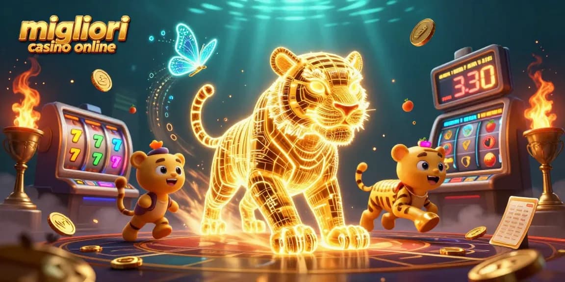 Vinci ai migliori casinò online con un tiger energico in un'illustrazione dinamica di un casinò digitale