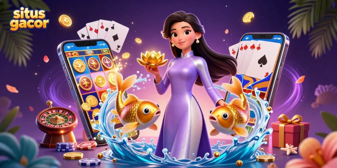 Situs gacor brings luck with an elegant woman and vibrant casino elements in a colorful 3D illustration.