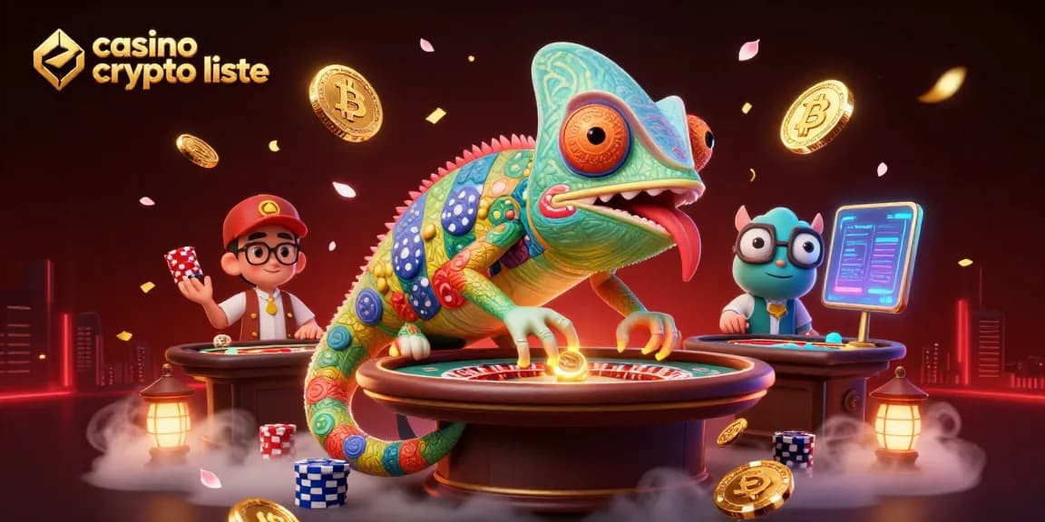 Illustration animée représentant une liste de casinos crypto avec un caméléon propriétaire coloré, des pièces de Bitcoin et Ethereum, captivant l'attention.