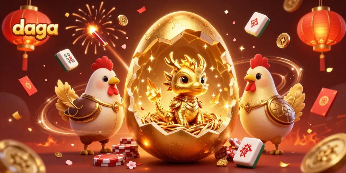 Engage in thrilling gambling at Daga with vibrant 3D illustrations of a golden dragon and poker chips.