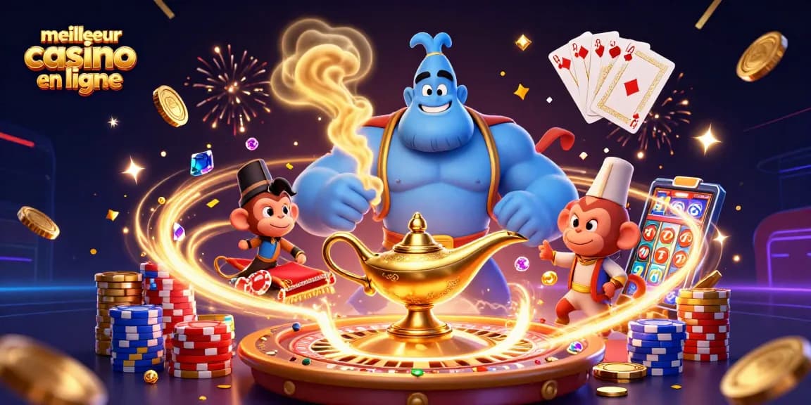 Jouer dans le meilleur casino en ligne avec jeux de cartes et jetons sur une scène animée.