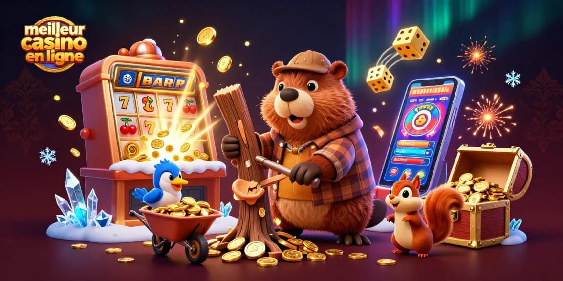 Participez à l'expérience du meilleur casino en ligne, alors que des personnages 3D célèbrent un jackpot avec des pièces tombant en pluie.