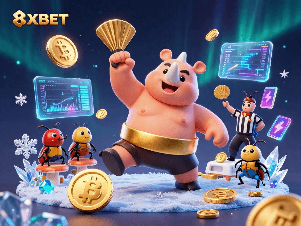 8XBET offers thrilling gameplay as a rhinoceros beetle champion sends coins flying in this dynamic casino scene.