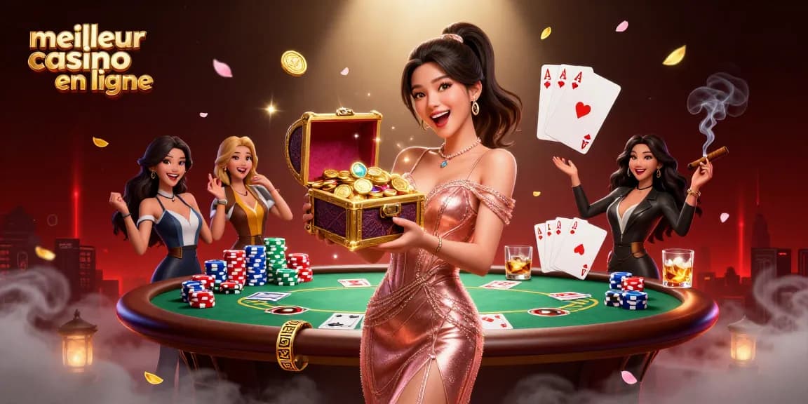 Rejoignez l'excitation du meilleur casino en ligne avec des trésors et des jeux vibrants capturés dans une illustration époustouflante.