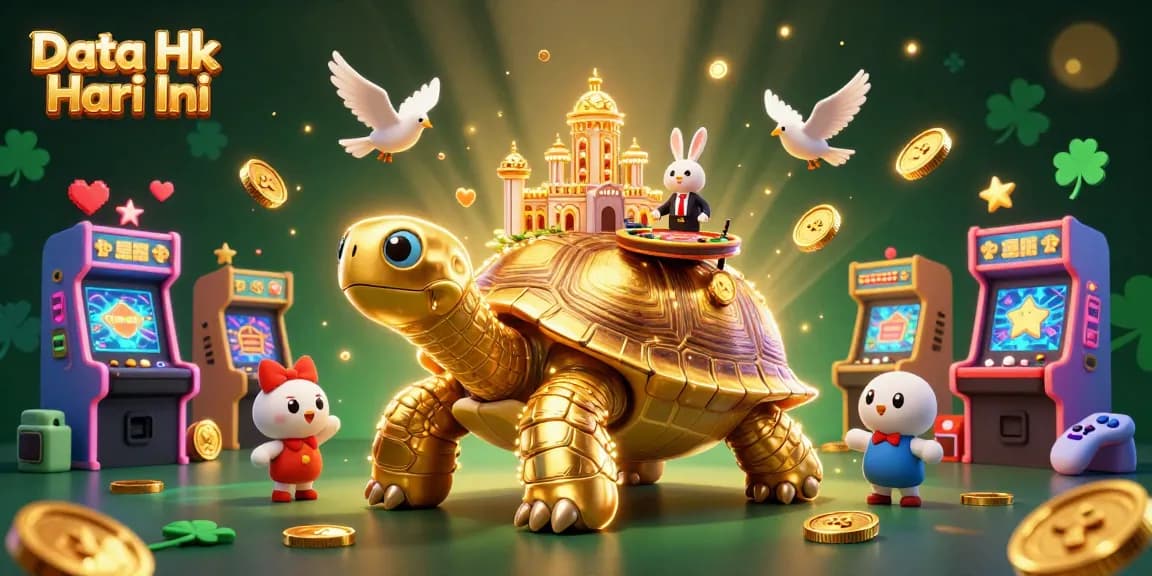Engage in Data Hk Hari Ini with a vibrant scene featuring a golden tortoise casino, rabbit dealer, and gold coins.