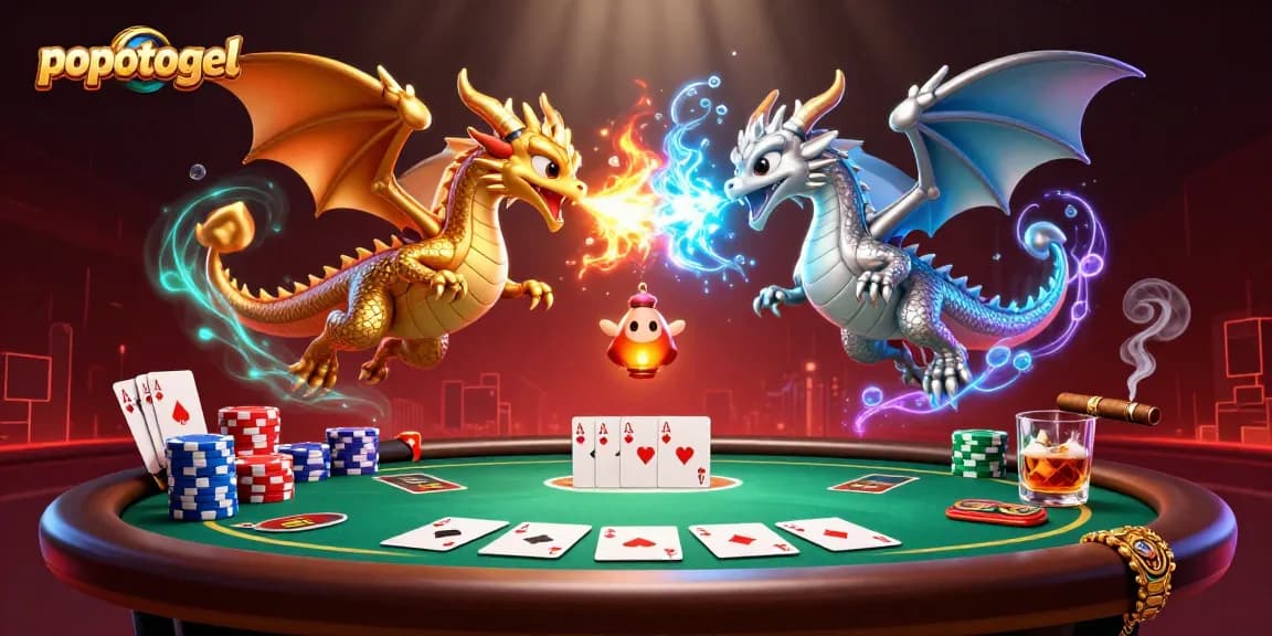 Win big with popotogel as golden and silver dragons soar over poker elements in a dynamic gaming scene.