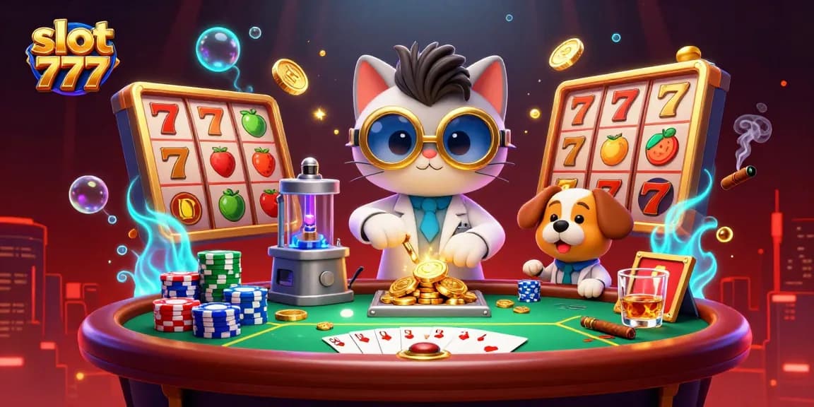 Play vibrant slot 777 games with mad scientist and assistant in a rich casino scene.