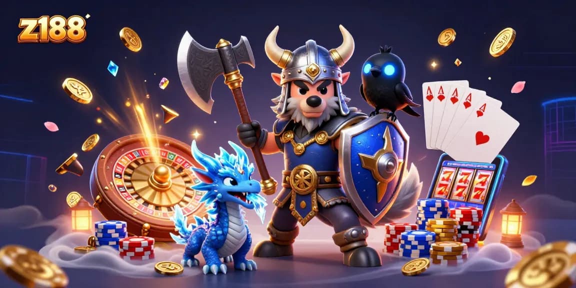 Experience thrilling gameplay at z188 with a Viking warrior, dragon, and shimmering casino elements.