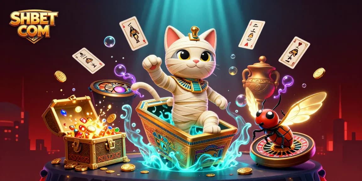 Experience thrilling wins with SHBET COM in an energetic casino scene featuring a mummy cat and treasures.