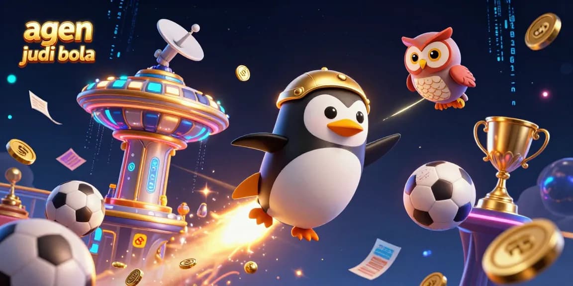Join the excitement of agen judi bola with an energetic 3D illustration featuring betting slips and trophies.