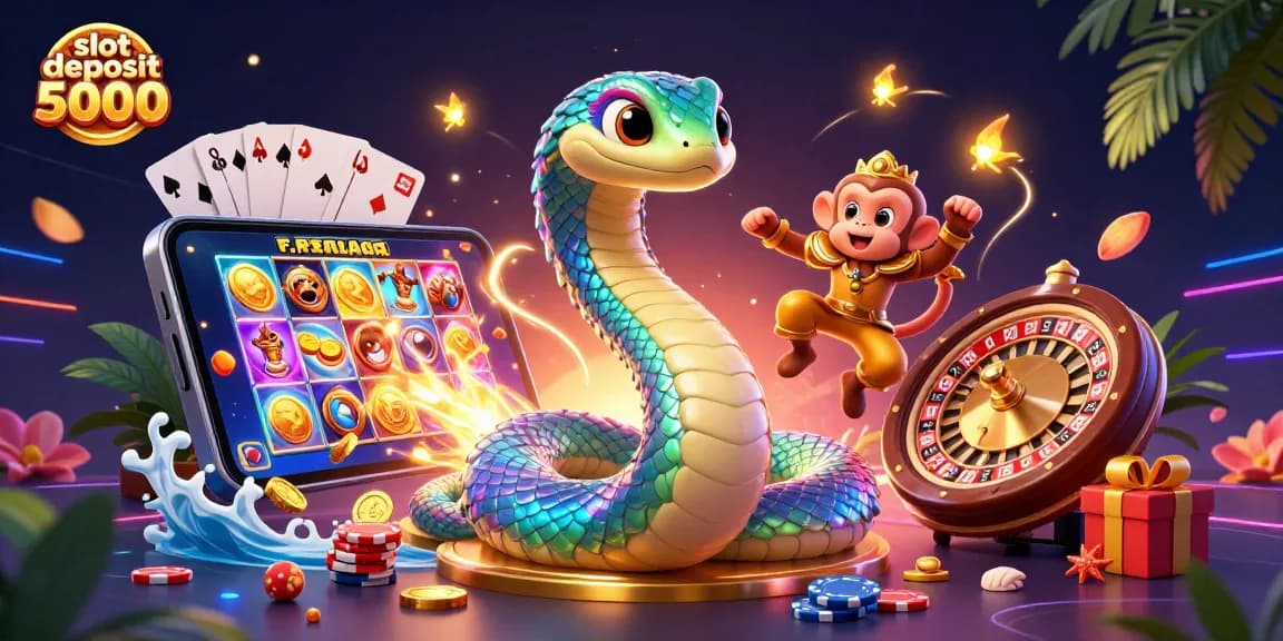 Permainan slot deposit 5000 yang menarik dengan karakter kartun berwarna-warni dan elemen kasino meriah.