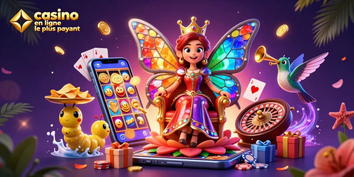 Visuel captivant de la reine des papillons dans un casino en ligne le plus payant entourée de jeux lumineux et colorés.