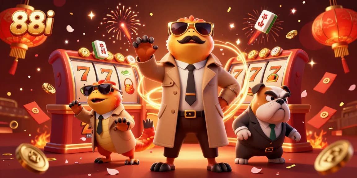 Experience the excitement of 88i with cartoon raptors in a casino scene filled with slot games and festive decorations.