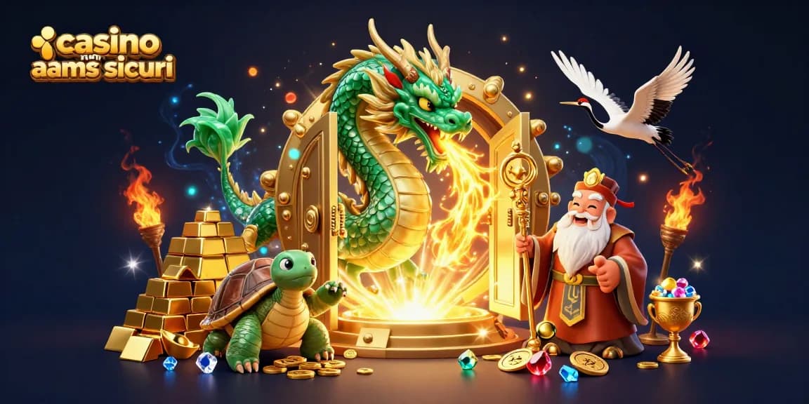 Interagisci con i casinò non AAMS sicuri in un'illustrazione vibrante in 3D di un drago e una tartaruga circondata da tesori.