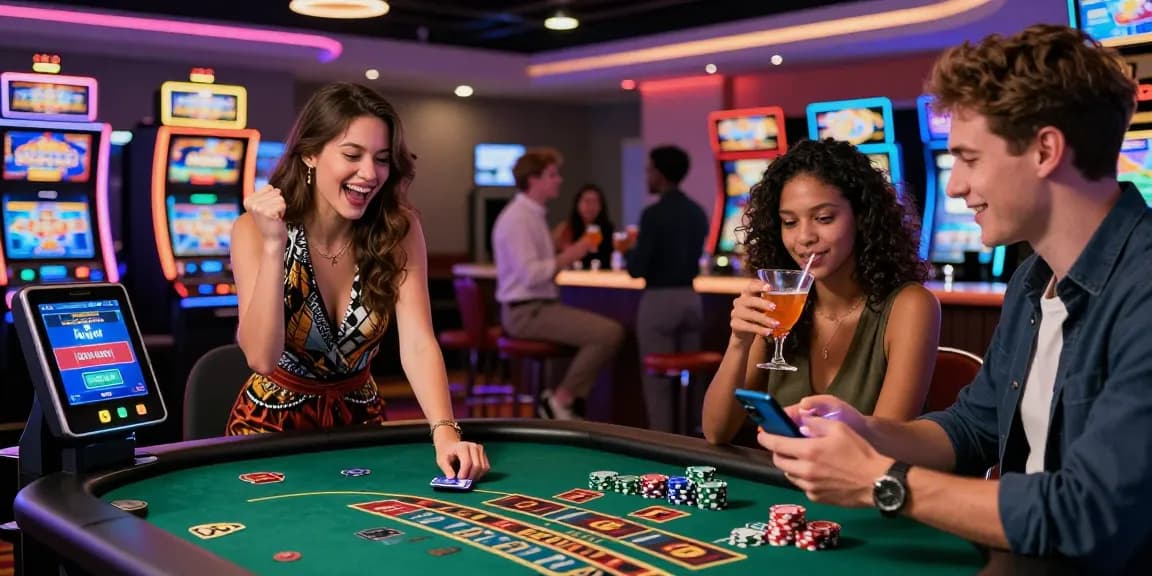 Friends celebrating at a vibrant credit card casino, enjoying blackjack with digital payment options.
