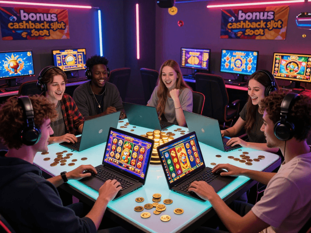 Diverse players enjoying online slots with vibrant bonus cashback slot promotions, highlighting excitement and winning atmosphere.