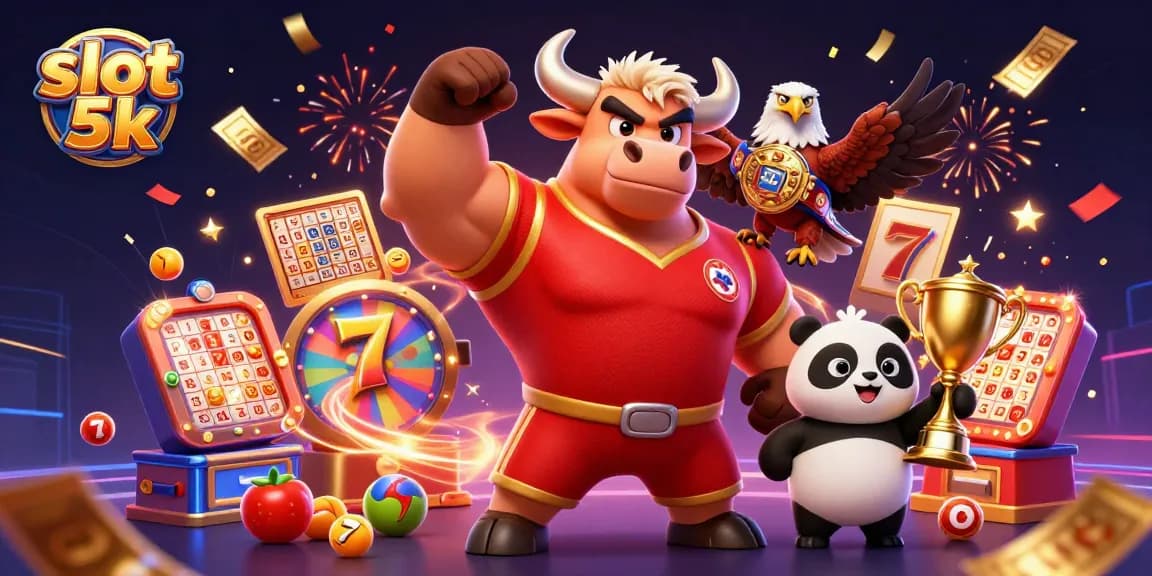 Win big with slot 5k in a vibrant casino atmosphere featuring colorful slot reels and joyful characters.