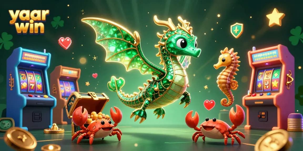 Experience the thrill at yaar win with an enchanting casino-themed 3D scene of a sea dragon, jackpots, and gaming elements.