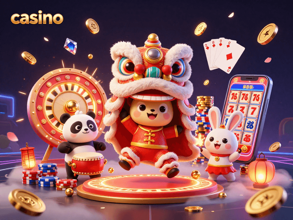 Cute characters celebrate at a casino with a lion dance while coins and poker chips cascade around them