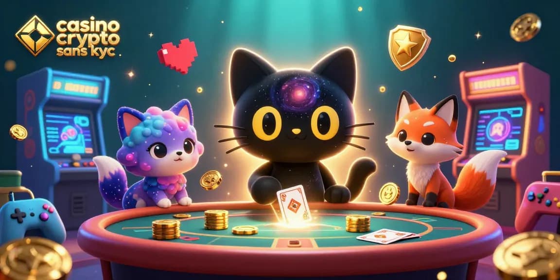 Jouez à des jeux dans un casino crypto sans KYC avec des personnages animés et des éléments colorés.