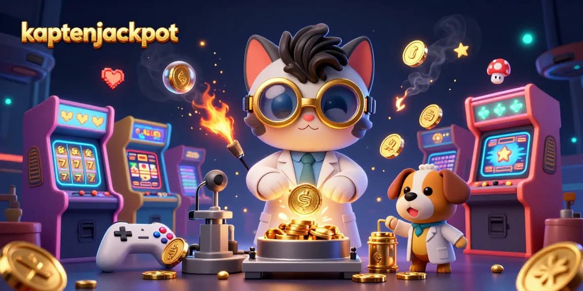 Experience the thrill of kaptenjackpot with a cartoon cat scientist creating jackpots amidst glowing casino elements.