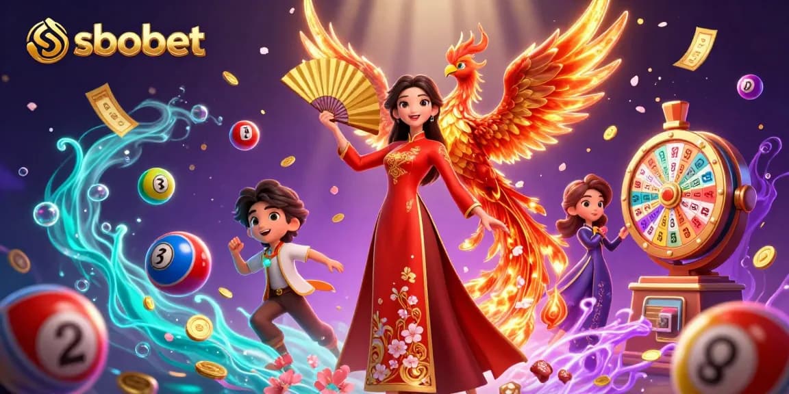 Engage with sbobet live betting in this vibrant casino illustration, featuring a woman in traditional dress and a phoenix.