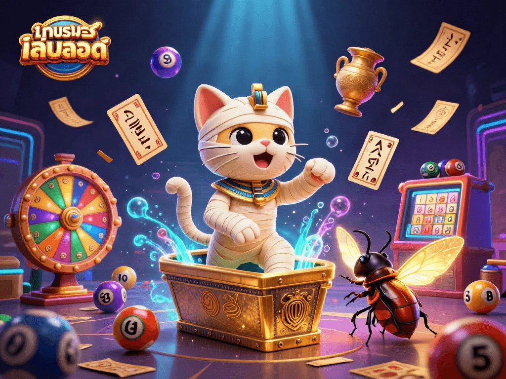 Experience ทดลองเล่นสล็อต in a dynamic 3D scene featuring an Egyptian mummy cat and a scarab beetle.