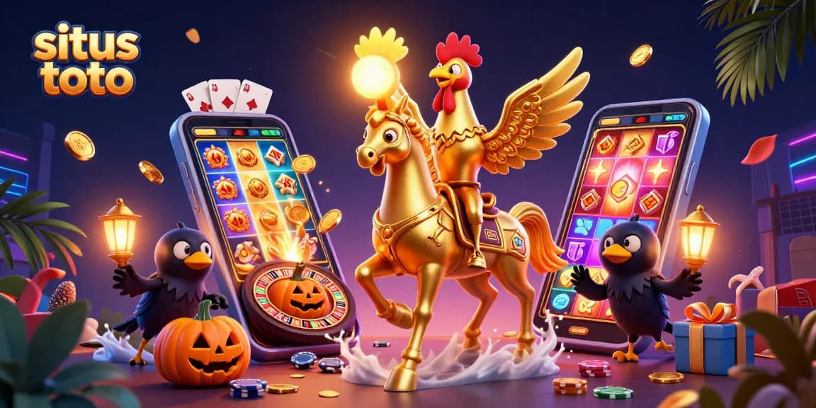 Engage a vibrant world of situs toto with a dynamic golden rooster and casino elements in 3D.