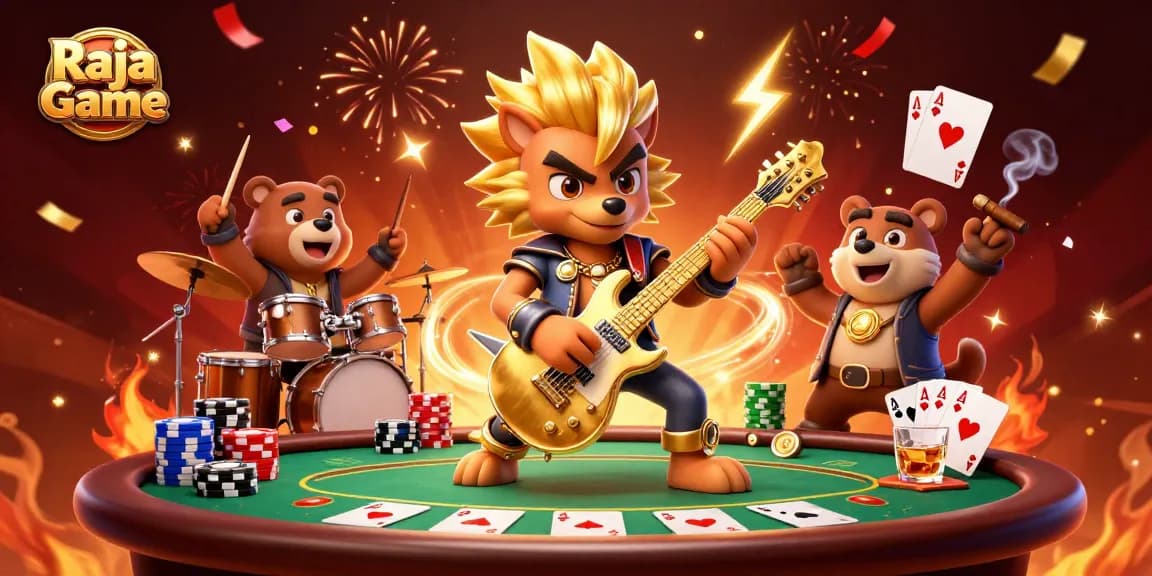 Experience thrilling gaming with Raja Game as a rock star wolf performs in a vibrant casino scene.