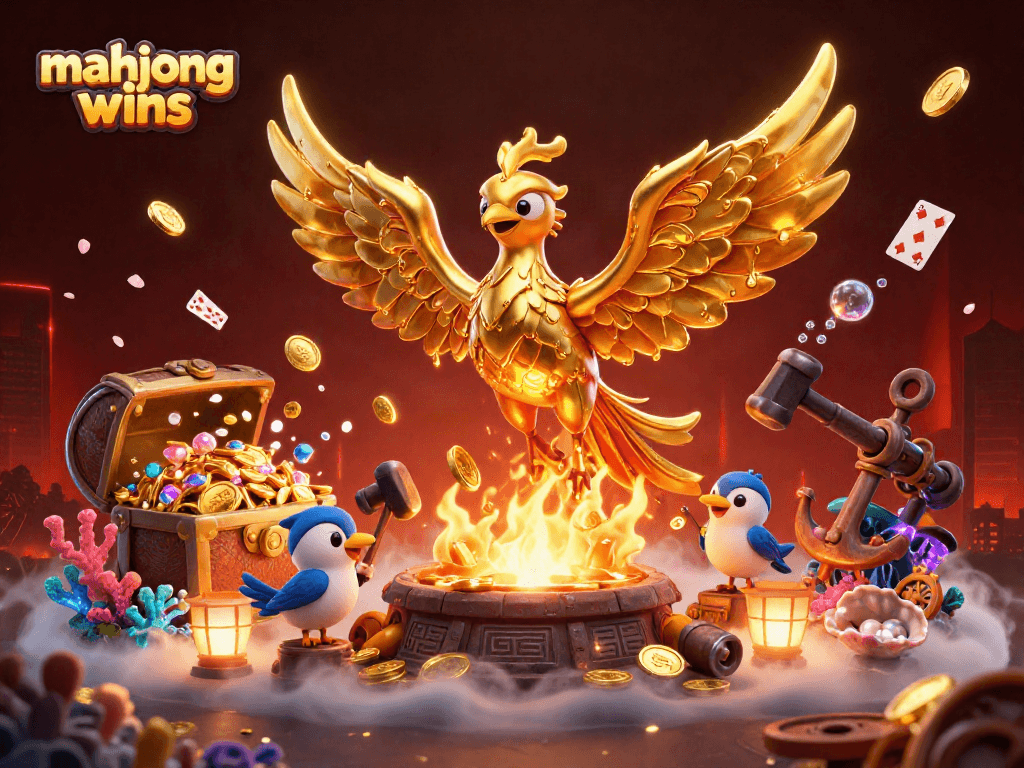 Experience mahjong wins excitement with a stunning 3D illustration of a molten metal phoenix and gold treasures.