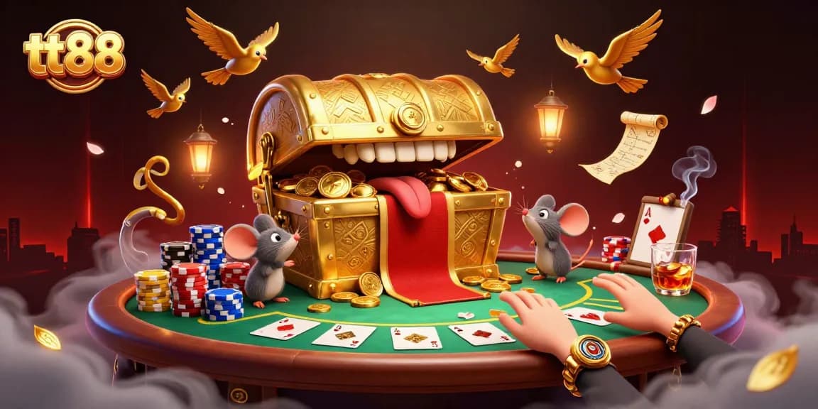 Experience thrills at tt88 casino, featuring golden treasure chests and dynamic poker tables.