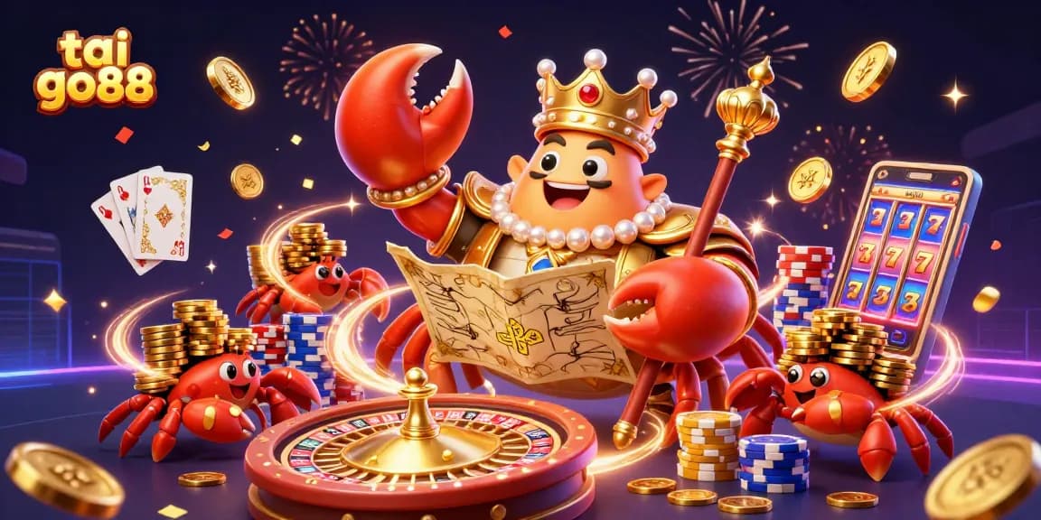 Tai go88 showcases a vibrant scene of a golden crab emperor amidst cascading coins and poker chips.