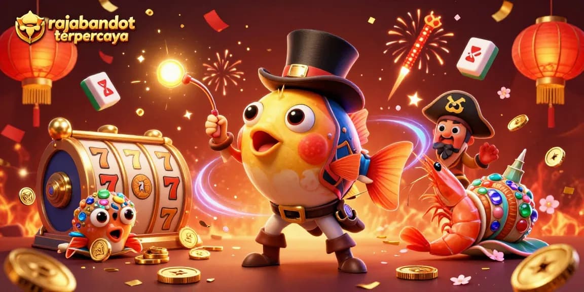Engage with rajabandot terpercaya through vibrant 3D illustration showcasing exciting slots and festive characters.