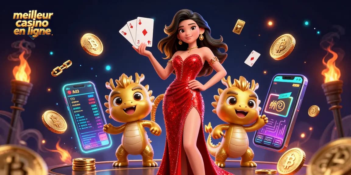 Découvrez l'excitation au meilleur casino en ligne, mettant en vedette une femme en robe rouge et un dragon doré dans un paysage de casino 3D vibrant.