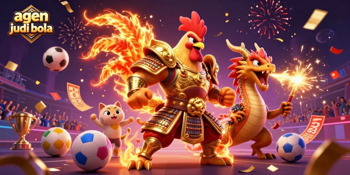 Engage with the excitement of agen judi bola, featuring a dynamic rooster warrior and dragon in a vibrant sports betting arena.