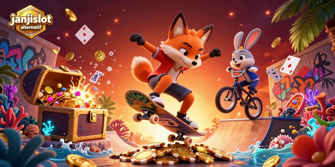 janjislot alternatif features energetic cartoon fox and rabbit in a vibrant gambling-themed scene.