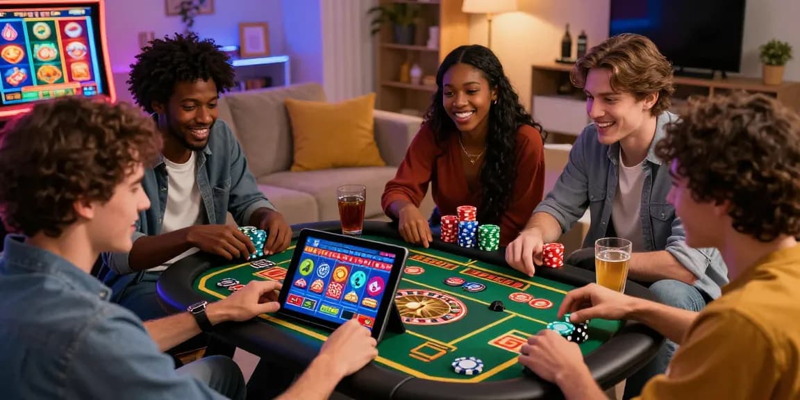 Groupe passionnant jouant à des jeux de meilleur casino en ligne sur une tablette dans un cadre animé.
