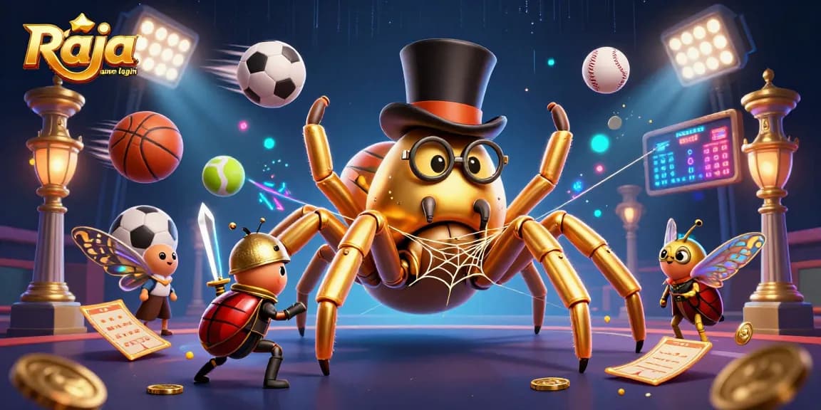 Engage with Raja game login in a vibrant, action-packed casino-themed illustration.
